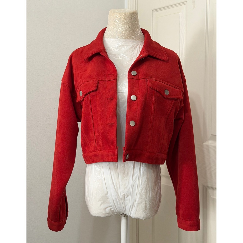 Forever 21 Women's sz S Red Faux Suede Cropped Trucker Jacket Button Front Y2K